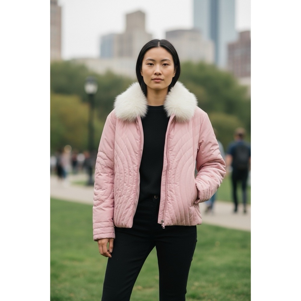 Y2K 🩷Princess ❄️BARBIE PINK Quilted Down Feather Jacket White Fur BRATZ 3x
